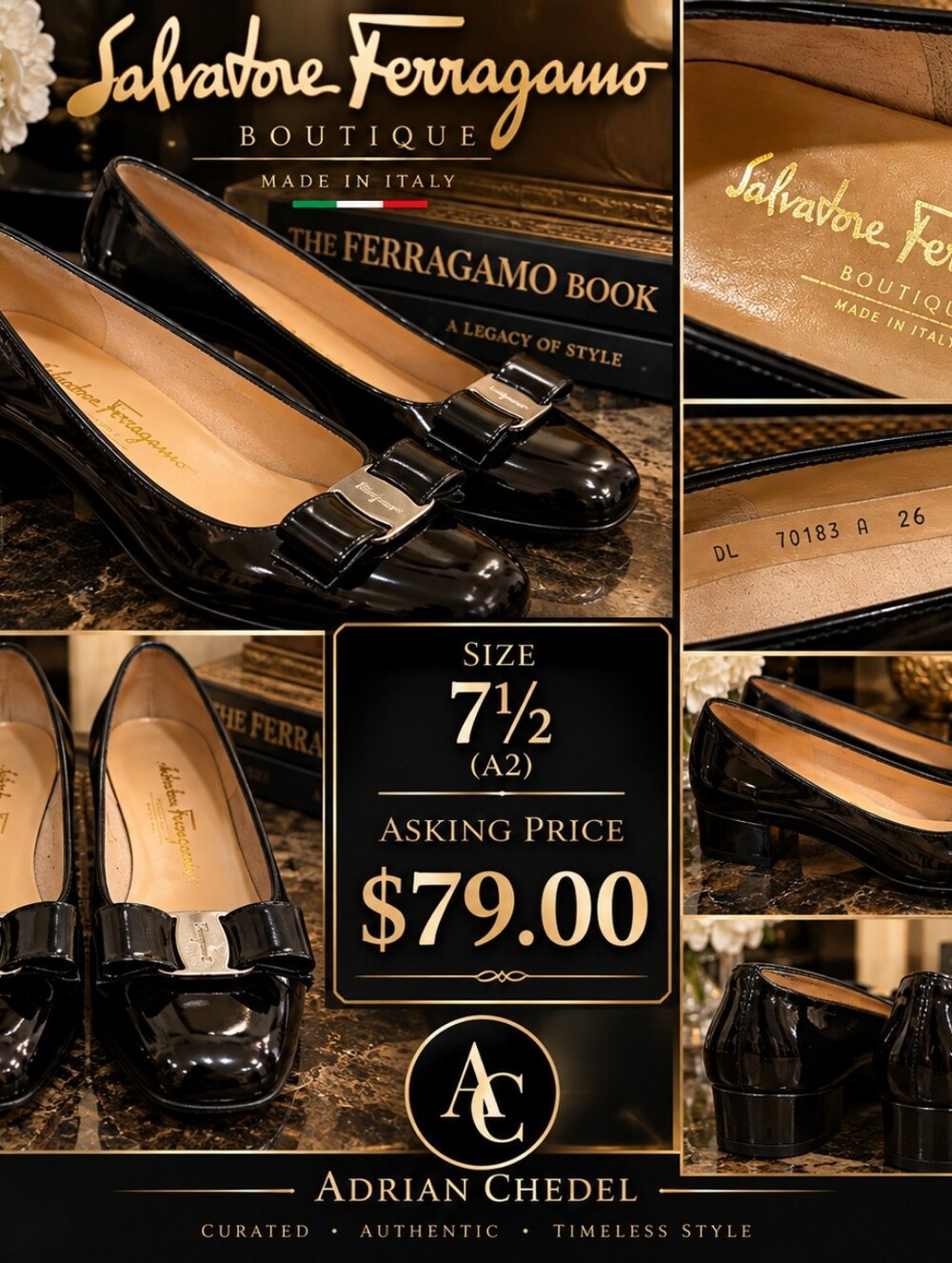 Salvatore Ferragamo Black Patent Vara Bow Flats with Gold Plaque